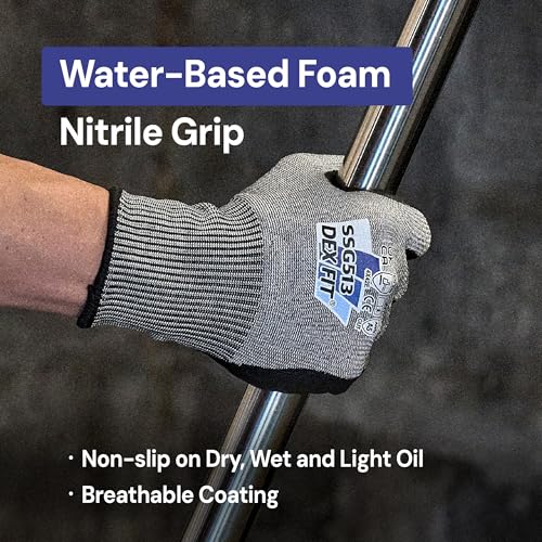 DEX FIT SSG513 Stainless Steel Cut Resistant Gloves, ANSI A5, Durable Non-Slip Nitrile Grip, Touchscreen, Comfort Stretchy Fit, Thin & Breathable, Machine Washable; Gray L (9), 1 Pair - color: A5 Gray Lite, size: Large (1 Pair)