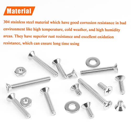 HELIFOUNER 140 Pieces #10-24 Phillips Countersunk Head Machine Screws Nuts Washers Assortment Kit, Coarse Thread, Fully Machine Threaded, 304 Stainless Steel - size: #10-24