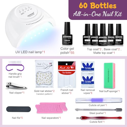 JODSONE Gel Nail Polish Kit 60 PCS with U V Light Soak off Base Top Coat 55 Shine Colors Gel Nail Kit Bright and Dark Brown Wine Red Series Manicure Set for Women and Girls - color: B17