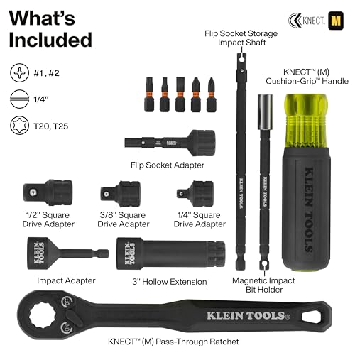 Klein Tools 65500KNECT KNECT Impact Socket Set, SAE and Metric Pass Through Socket Set, 90-Tooth Ratchet, MODbox Case, SAE, Metric, Screwdriver Handle, Bits, 39-Piece - style: 39-Piece
