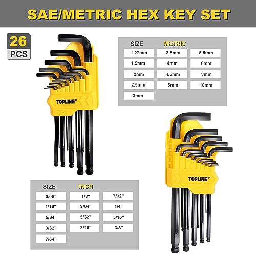 Topline 27-Piece Long Arm Allen Wrench Set, SAE & Metric