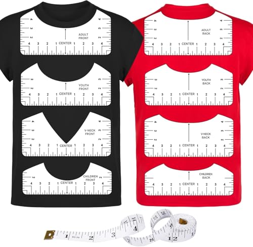 9Pcs Tshirt-Ruler Guide to Center Vinyl, Transparent V-Neck/Round PVC Ruler for Alignment, Heat Press, Children Youth Adult, Front and Back Measurement (10in) - style: Tshirt Ruler-9-Balck