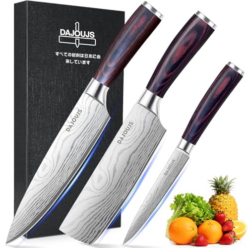 3-Piece Kitchen Chef Knife Set - 8" Chef Knife & 7" Nakiri Knife & 5" Utility Knife, Professional High-Carbon Stainless Steel Ultra Sharp Knives with Ergonomic Wood Handle & Gift Box for Cooking