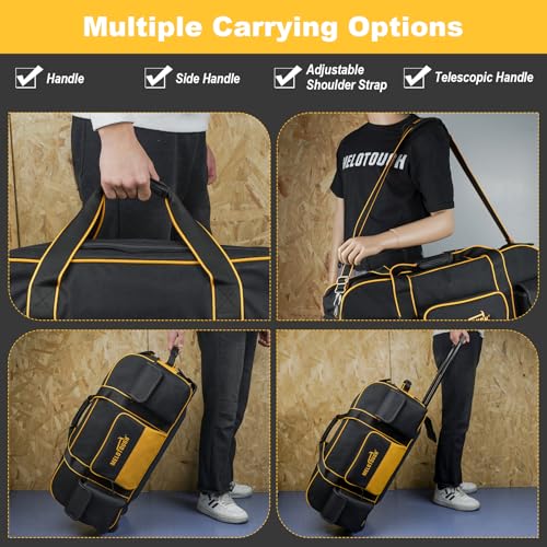 MELOTOUGH Rolling Tool Bag with Wheels,Large Capacity Tool Bag Organizer with Concealed Telescoping Handle for Electrician,Construction,HVAC,Technician (Yellow/Black) - color: Yellow/Black