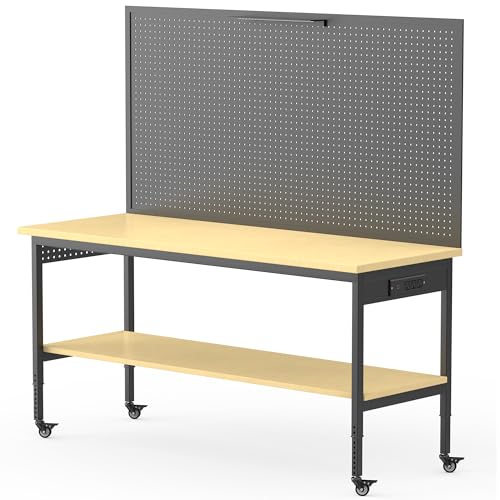 60" Adjustable Height Workbench,9-Level Heavy Duty Work Bench with Storage Shelf Pegboard LED Light & Built-in Power Strip, 2010 lbs Load Capacity Rolling Tool Bench for Garage Workshop