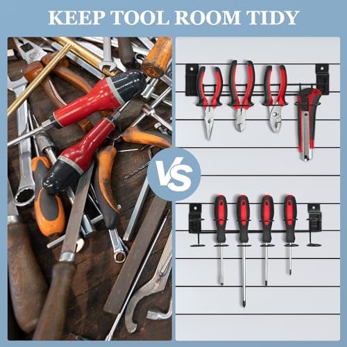 8 Pcs Slatwall Screwdriver Holders Stainless Steel Slat Wall Hooks Slat Boards Organizer Shelving Display Tool Rack Multi Ring for Workbench, Garage Tool Storage