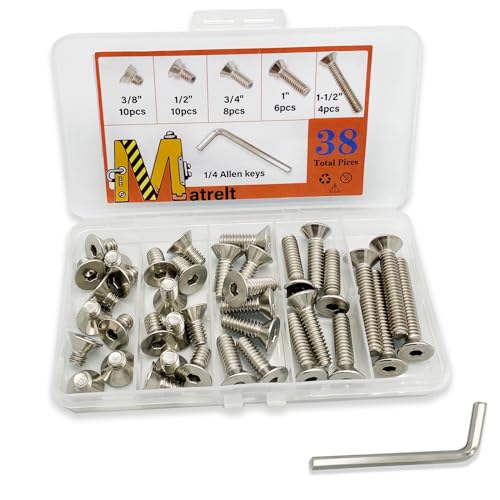 38pcs 1/4-20 5 Sizes Countersunk Head Screws, Flat Socket Head Cap Screws Assortment Kit with Allen Keys, 304 Stainless Steel Socket Cap Bolts Flat Countersunk Head Machine Screws - size: 304-5Size-1/4-38P