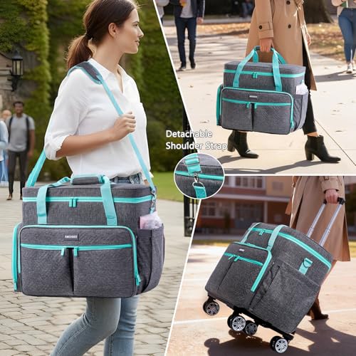 AMOIGEE Rolling Craft Bag with Wheels for Sewing Machine & Craft Supplies - color: Grey - Teal, size: With Wheels