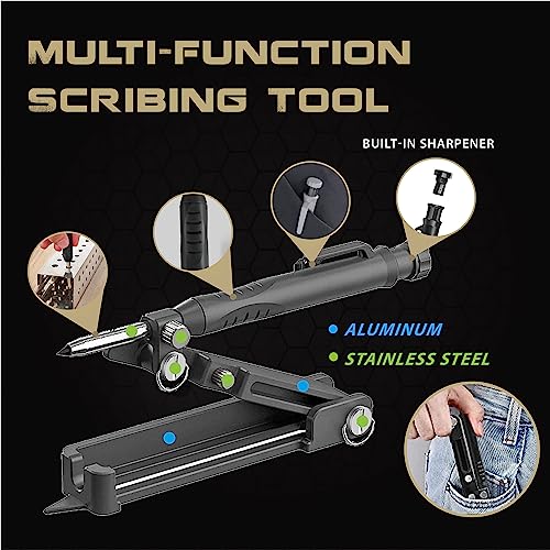 Multi-function Scribing Tool, Zinc Alloy Smart Scribe Tool with Solid Carpenter Pencil, DIY Scribe Tool Woodworking, Gauge Scriber Line Maker, Measuring Tool with Scale, Black - color: Black