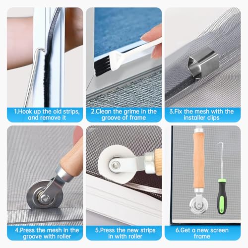 Window Screen Door Repair Kit,Include 47"×118" Black Screen Mesh+ 2 Steel/Nylon Roller+32Ft Spline+8 Clips+Hook+Non-Slip Gloves,7 in 1 Window Mesh Kit for Windows Doors Patio and Porch Replacement - size: 47"×118" Mesh+Tool