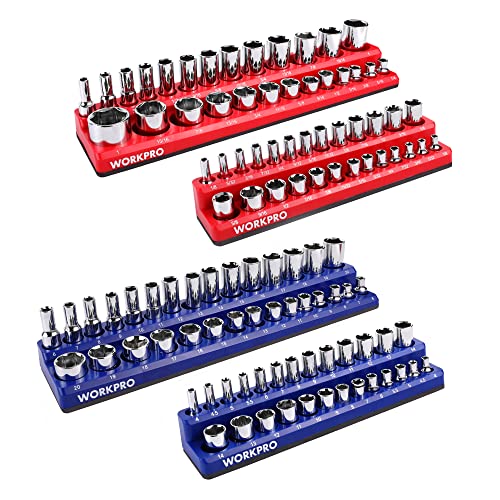 WORKPRO Magnetic Socket Organizer Set, 4-Piece Socket Holder Set - size: 4 Pieces-1/4" & 3/8" DR, SAE & Metric