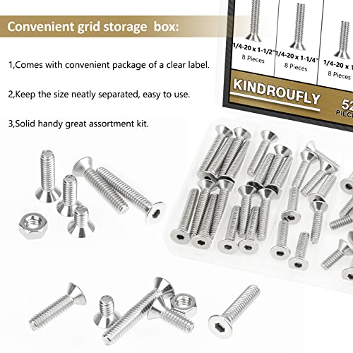 52 Pieces 1/4-20 x 1/2", 3/4", 1", 1-1/4", 1-1/2", Countersunk Head Socket Cap Screws Nuts Assortment Kit, 304 Stainless Steel, Fully Machine Thread - size: 1/4"-20, style: Countersunk Head