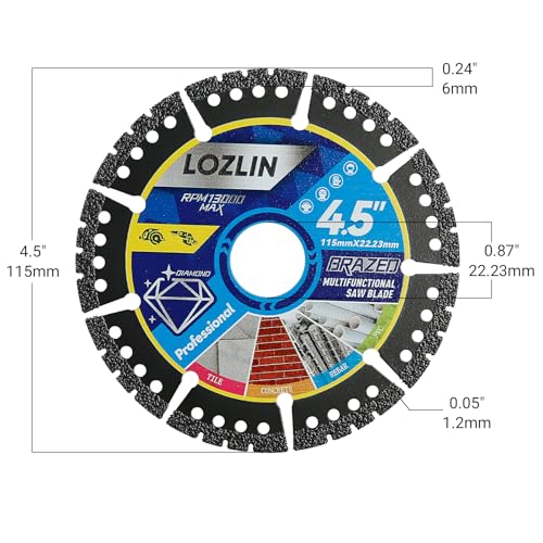 LOZLIN Diamond Blades 5-Pack 4.5" Diamond Multi-Purpose Saw Blades - Heavy Duty Angle Grinder Discs for Cutting Marble/Quartz/Stone/Tile/Metal/Plastic (Black Teeth)