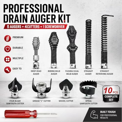 10PCS K-400 Drain Snake Drill Attachment Kit - 5/8 Inch Auger Cutter Heads & Spiral Tips Set for K-400 C-4/C-6/C-7/C-8/C-9, Drain Cleaning Cable Accessories for Plumbers & DIYers