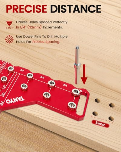 TANYO 2 In 1 Shelf Pin Jig and Hinge Jig, 35mm Drill Bits, Cabinet Hardware | Aluminum, 4 Hardened Bits, 1/4" Spacing, Offset 37/50/64, Hinge 3-6mm, Woodworking Drill Guide Tool - color: Red, size: 11 Hole