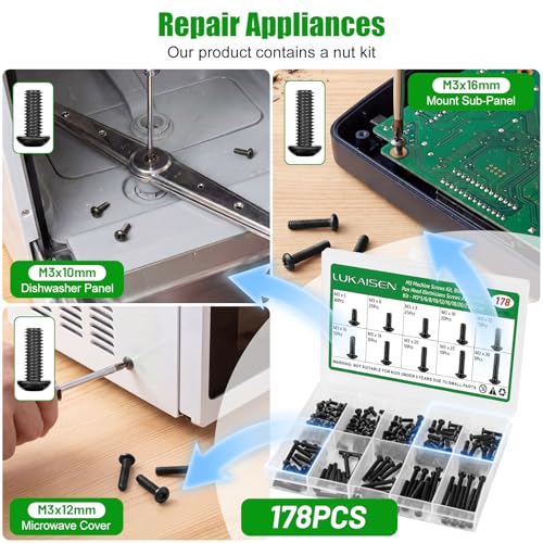 178 Pcs M3 Phillips Pan Head Machine Screws Kit for Laptop & RC | M3 x 5/6/8/10/12/16/18/20/25/30mm, Carbon Steel Black Metric Screws, for 3D Printer & Wall Socket Outlets, Storage Box - size: 178Pcs M3*5/6/8/10/12/16/18/20/25/30mm-Pan