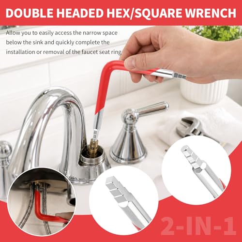 Dual-Ended Faucet Seat Wrench, Carbon Steel Valve Seat Tool with Hex & Square Ends, Universal Stepped & Tapered Faucet Wrench Tool for Installing and Removing Compression Seats