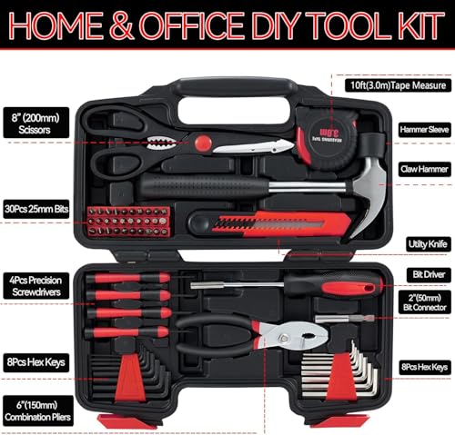 MARTCOLOR 58-Piece Household Tool Set, Red Hand Kit with Storage Case - color: Red