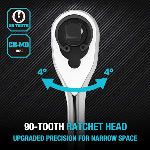 DURATECH 3-Piece Extra Long Drive Ratchet Handle, 90-Tooth Ratchet Wrench - size: 1/4", 3/8", 1/2" Combo Kit