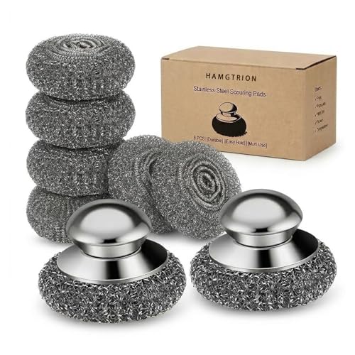 Steel Wool Scrubber, 8-Pack Stainless Steel Scrubber Pads with Handle - The Ultimate Scouring Solution for Rust, Stubborn Messes on Cookware, Grill, Oven & Kitchen Sinks - size: 2 Handle+6 Pads
