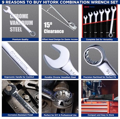 Hitork 6-Piece Large SAE Wrench Set, 12-Point Box End, Drop Forged Chrome-Plated Cr-V Steel, 15° Offset, Polished, Roll Pouch Included – Sizes 15/16” to 1-1/4”