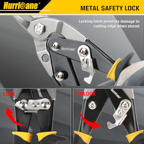 HURRICANE 3 pc Aviation Tin Snips Set, 10 Inch Metal Shears for Straight, Left & Right Curves, Cr-V Steel Blades, Non-Slip TyreGrip Handle, Safety Latch, for Sheet Metal, Gutter, HVAC, DIY - size: 3 Piece Regular Set: Straight, Left, Right