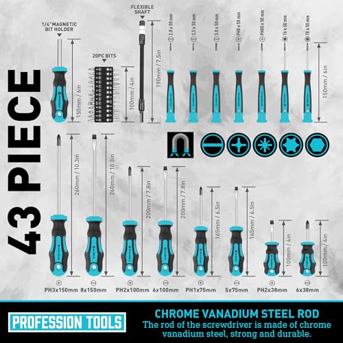 Magnetic Screwdrivers Set with Case, Amartisan 43-piece Includs Slotted, Phillips, Hex, Pozidriv,Torx and Precision Screwdriver Set, Magnetizer Demagnetizer Tools, Tools for Men (Blue)) - style: 43-piece Screwdrivers Set (Blue)