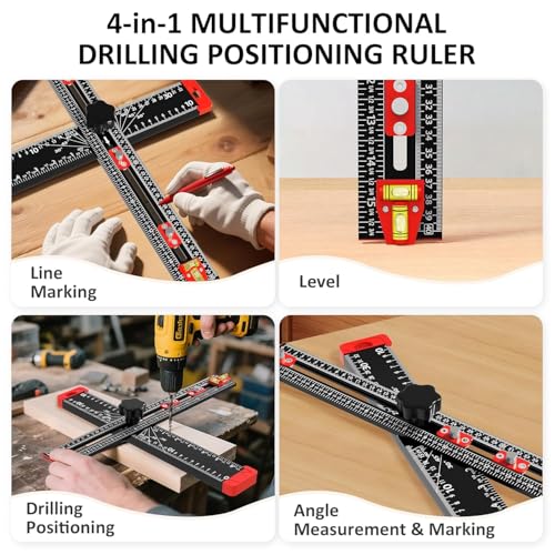 4-in-1 Drilling Positioning Jig, 35cm/14inch Multifunctional T Square Adjustable Angle Ruler, Cabinet Hardware Jig, Making Guage Tools for Woodworking Cabinet Drawer Door Hole Punching