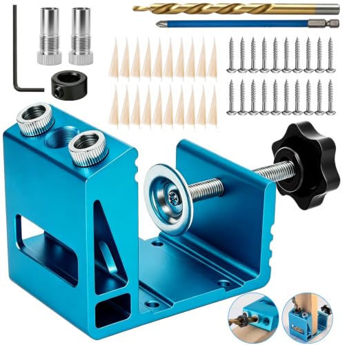 Pocket Hole Jig Kit with Drill Guide Joint 15 Degree Woodworking Inclined Hole Angle Tool Dowel Drill Pocket Joinery Screw Set Kit Adjustable Drill Jig Guides Joint Carpentry Locator Woodworking Tool