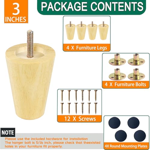 Generic 3 Inch Wood Furniture Legs, Wooden Couch Sofa Leg Feet Set of 4, Mid-Century Modern Round Solid Wood Replacement Legs for Couch, Chair, Sofa, Dresser, Bed, Cabinet, Ottoman - size: 3inch