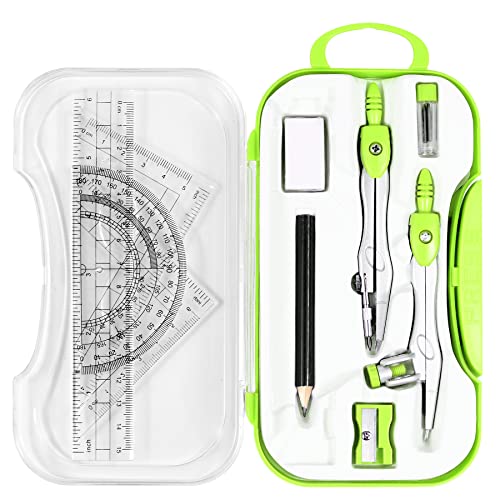 Unjoo Geometry Set 10 Pcs Student Supplies, Protractor and Compass (Green） - color: Green