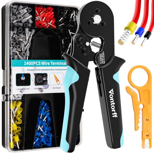 Ferrule Crimping Tool Kit，Wire Ferrules Crimper Kit with 1400PCS Electrical Pin Terminal Ends Ferrell Connectors，HSC8 6-6A Crimp Pliers Gauge Awg 23-10 Hexagonal Ratcheting Pliers Set Car Audio