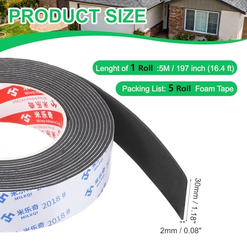 PATIKIL 5Roll Sponge Rubber Foam Tape, 1 3/16" W x 5/64" t x 16.4ft l Self-Adhesive Foam Insulation Tape Weather Stripping for Window Door Soundproofing Weatherstrip AC Seal Strip, Black - size: 1 3/16" x 5/64" x 16.4ft