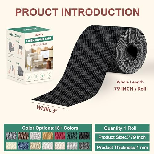 BESEZX Linen Fabric Repair Tape Upholstery Tape 3x79 Inch - color: Black, size: 3*79 inch