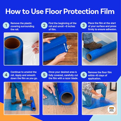 TapeManBlue Floor Protection Film, 36" x 200', Made in USA, Blue Self Adhesive Floor Protector Tape for Moving, Painting and Construction, Temporary Covering to Shield Hardwood, Tile, Hard Surfaces