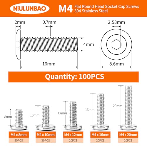 M4 x 8mm 10mm 12mm 16mm 20mm Flat Round Head Hex Socket Cap Screws Bolts, Furniture Screws, 304 Stainless Steel, Allen Hex Drive, Bright Finish, Metric Fully Threaded, Assortment Kit 100PCS - size: M4 x 8/10/12/16/20mm (100PCS)
