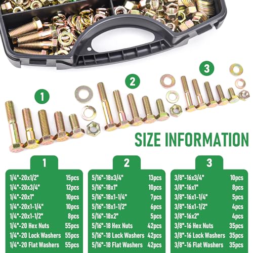 Foliv 523PCS Grade 8 Bolt Assortment Kit - Heavy Duty Bolts and Nuts Kit, 3/8-16 x 1-2" SAE Coarse Thread, Yellow Zinc Plated, High Tensile Strength for Automotive, Machinery & Construction - size: 523pcs Grade 8 bolts 1/4-20 5/16-18 3/8-16