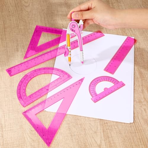 Zonon 7 Pcs Geometry Math Set with Compass Protractor Rulers, Pink - color: Pink