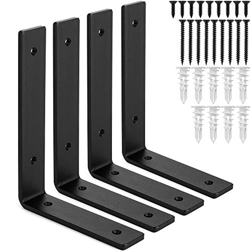 Heavy-Duty Shelf Brackets - Premium Construction Grade 1/4" (6mm) Thick Steel - Matte Black Iron Finish for Modern Farmhouse Rustic Open Shelving w/ Hardware, 4-Pack (L Bracket 8" x 6") - size: 8" x 6", style: L Bracket