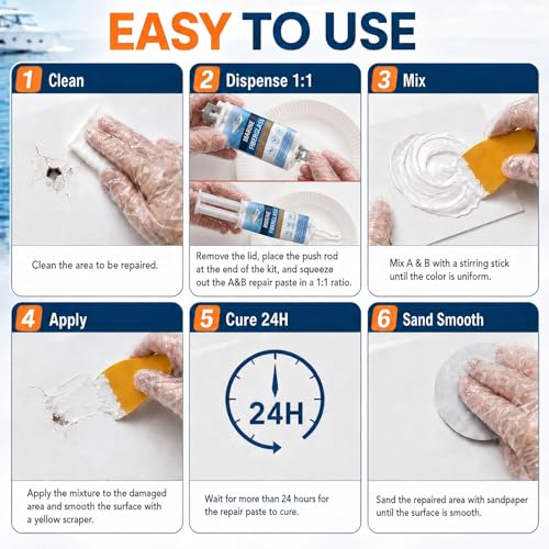 Marine Fiberglass Repair Kit for Boats, Gel Coat Repair Kit with Waterproof Epoxy Filler, Boat Fiberglass Repair Kit to Fix Holes, Chips, Deep Cracks & Scratches, White, Above-Waterline Use