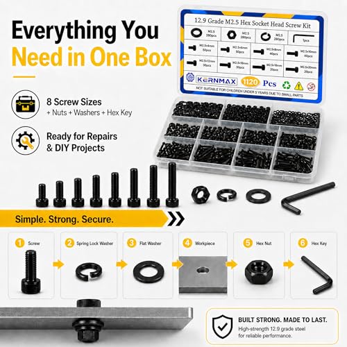 1120PCS M2.5 Screws Kit, M2.5x4/6/8/10/12/16/18/20mm Hex Socket Head Cap Screws Nuts & Washers Assorted Set, 12.9 Grade Black Oxide M2.5mm Screw for 3D Printer,DIY - size: M2.5 1120pcs