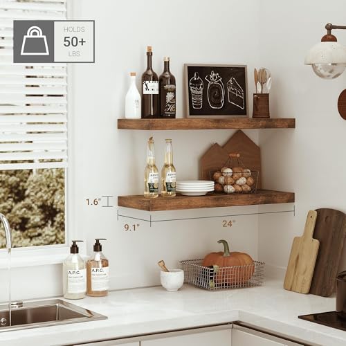 Vivelove Deep Floating Shelves for Wall 24 inches Set of 2, Rustic Brown - color: Rustic Brown, size: 24”wx9.1”dx1.6”h