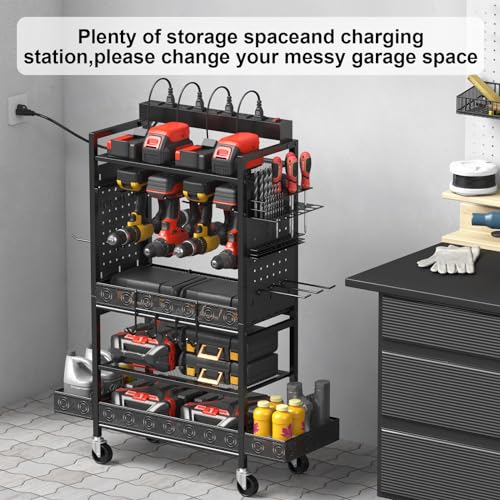 CCCEI Garage Power Tools Organizer Cart with Charging Station, Black Floor Standing Rolling Drill and Tools Battery Storage Cart on Wheels. Black Utility Rack Gift for Men, Husband, Father. - size: Large