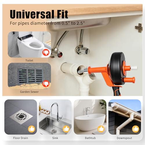 Drain Auger 33FT, Drain Snake with Drill Attachment, Flexible Plumbing Snake Clog Remover, Heavy Duty Manual Drain Cleaner Tool for Kitchen Bathroom Shower Sink, Includes Gloves & Cleaning Brush