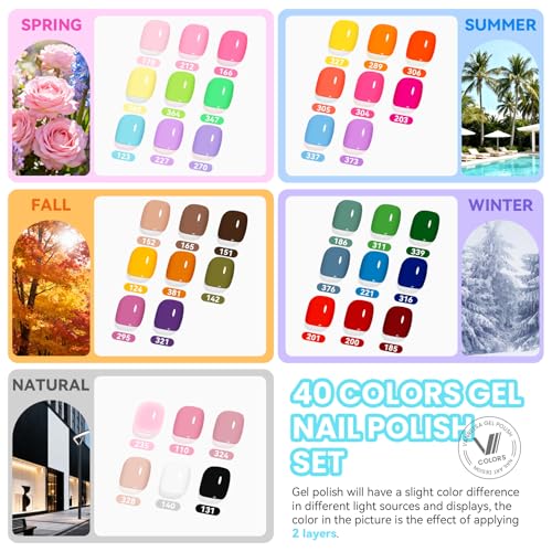 VANREESA 84 Pcs Gel Nail Polish Kit with U V Light and Almond Nail Tips -40 All Seasons Colors Gel Polish Set with 5 Pcs Base Top Coat Gel Nail Kit for Beginners with Everything Gifts for Women - color: Create Your Style
