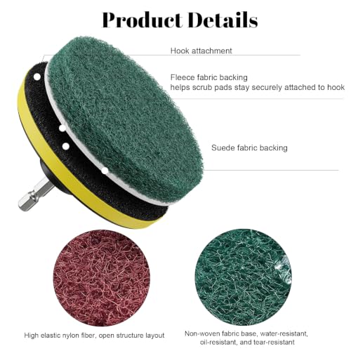 4 Inch Drill Attachments for Cleaning, 3.9" Scrub Brush Set with Red & Green Pads Drill Brush Power Scouring Pads for Kitchen Bathroom Household Cleaning
