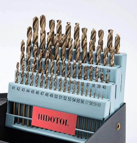 HIDOTOL 60PCS Cobalt Drill Bit Set M35 HSS Twist Jobber Drill Bits for Hardened Metal, Stainless Steel, Cast Iron, Plastic and Wood #1 - #60 with Indexed Metal Case - size: Cobalt 60 PCS Number Size