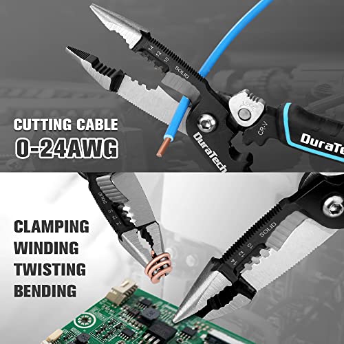 DURATECH 5-in-1 Wire Stripper, 8" Wire Stripper and Crimping Tool, Premium CR-V Construction, Needle Nose Plier, Multifunctional Electrician Pliers for Crimping, Cutting, Stripping, Shearing, Clamping