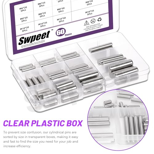 Swpeet 60Pcs M6 M8 M10 304 Stainless Steel Dowel Pin Assortment Kit, Cylindrical Shelf Support Peg Pin Rod Fasten Elements for Maintenance and Connection (with A Storage Box ) - size: M6