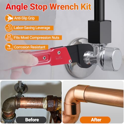 Preciva 9PCS Angle Stop Wrench Kit,2-in-1 Faucet Wrench with 5 Sandpapers &1 Storage Bag Plumbing Tool Set for Removing and Installing Angle Valves DIY & Experts